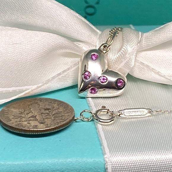 Tiffany Co Sterling Silver Etoile Pink Sapphire Puff Heart Pendant Necklace 16" - Picture 6 of 7